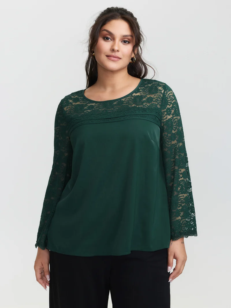 Lace Sheer Sleeve Curvy Hem Blouse