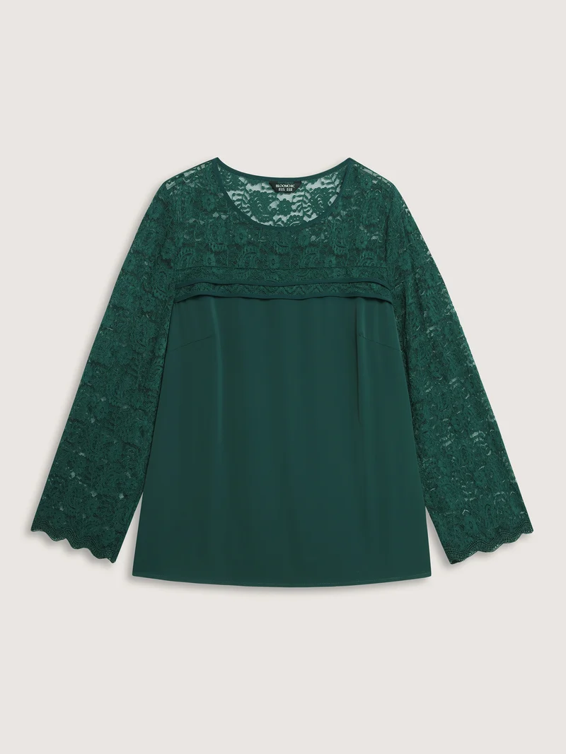 Lace Sheer Sleeve Curvy Hem Blouse