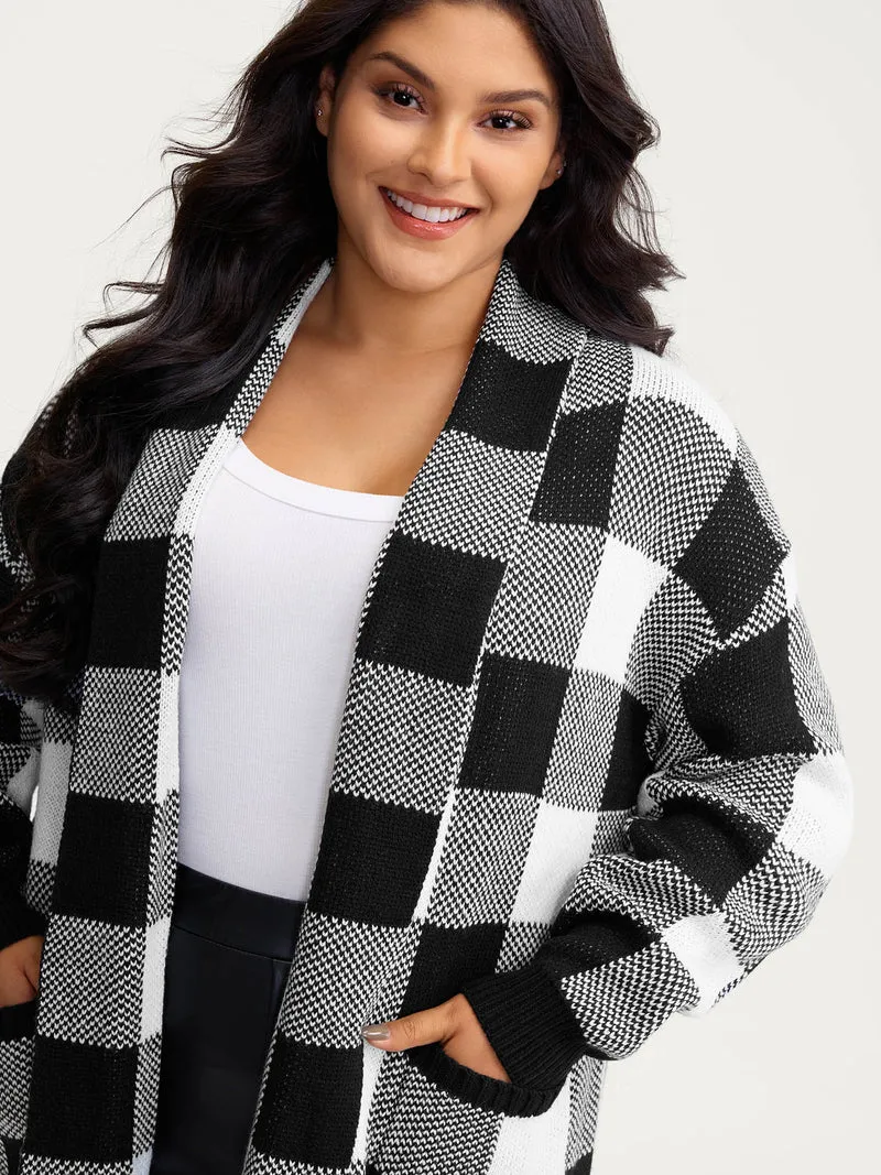 Checkered Jacquard Folded Collar Knit Cardigan