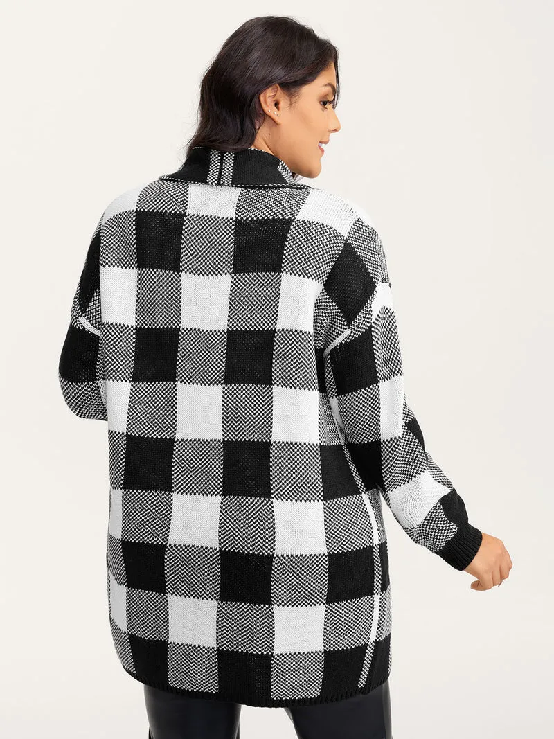 Checkered Jacquard Folded Collar Knit Cardigan