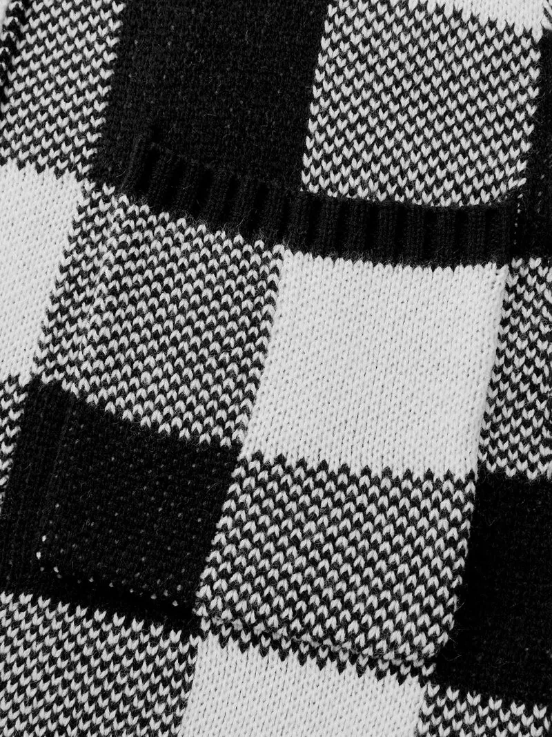 Checkered Jacquard Folded Collar Knit Cardigan