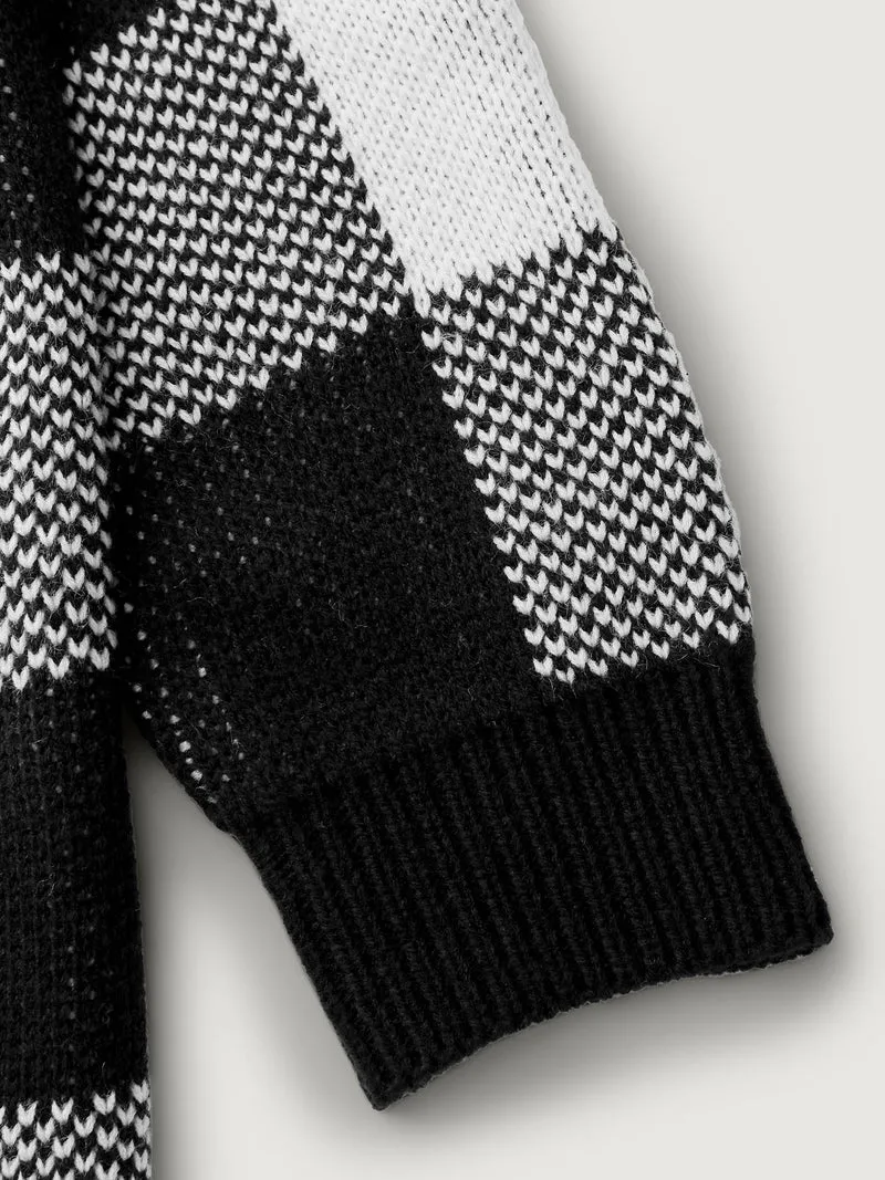 Checkered Jacquard Folded Collar Knit Cardigan