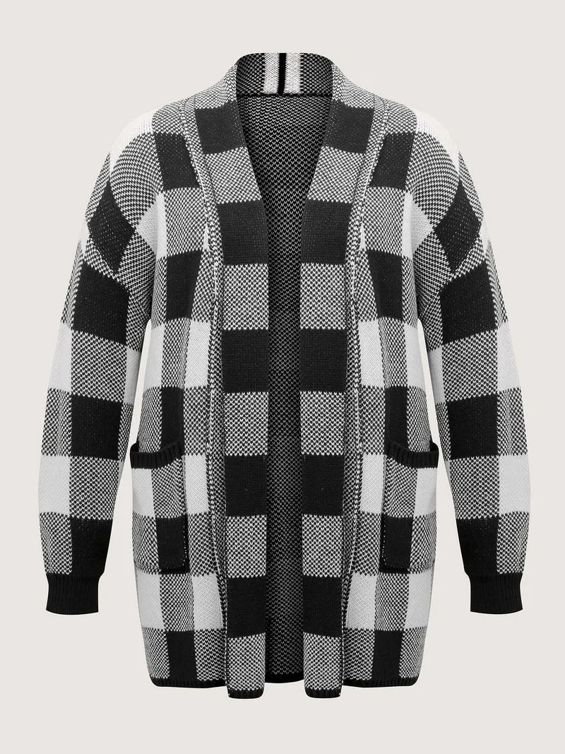 Checkered Jacquard Folded Collar Knit Cardigan