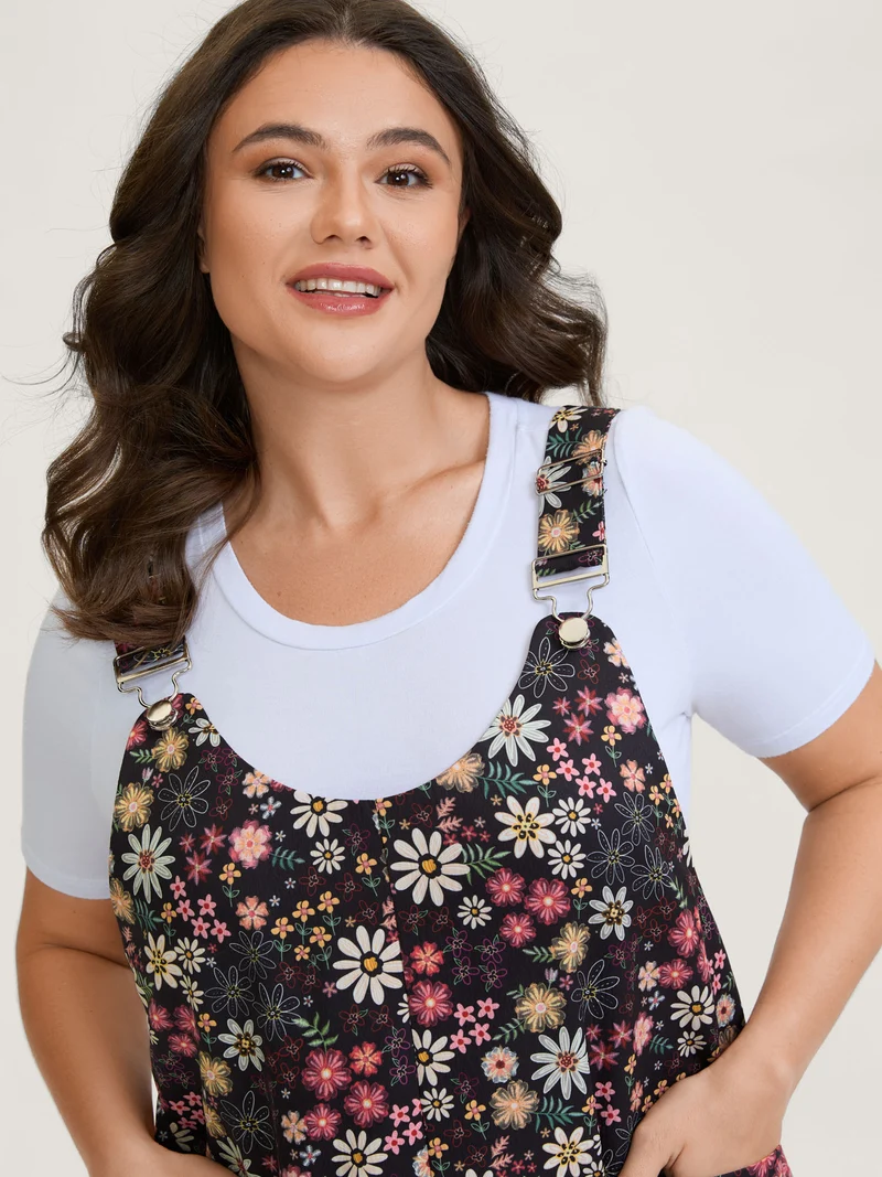 Floral Flocked Adjustable Straps Pockets Midi Dress