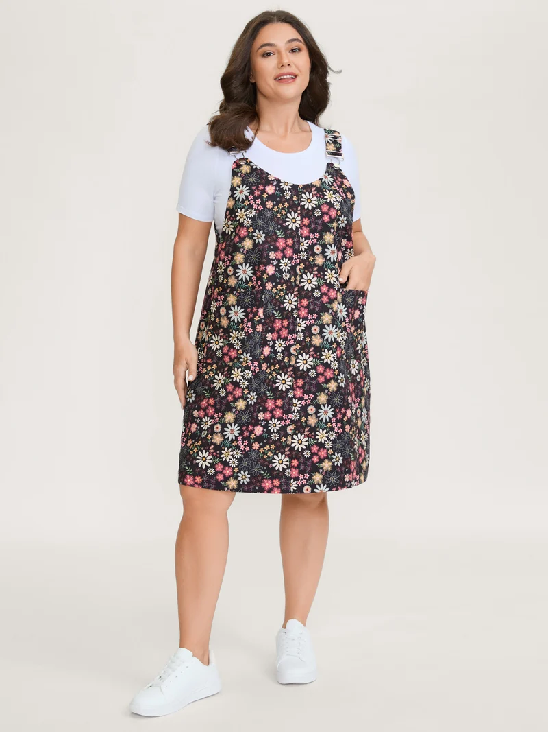 Floral Flocked Adjustable Straps Pockets Midi Dress