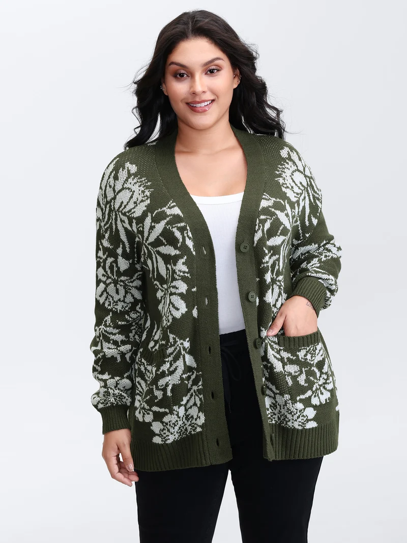 Floral Pattern V-Neck Knit Cardigan