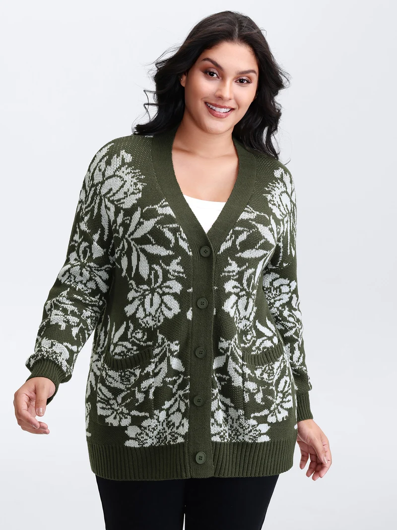 Floral Pattern V-Neck Knit Cardigan