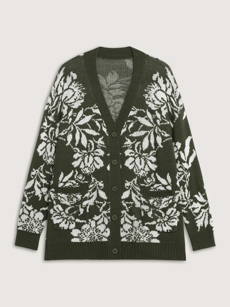 Floral Pattern V-Neck Knit Cardigan