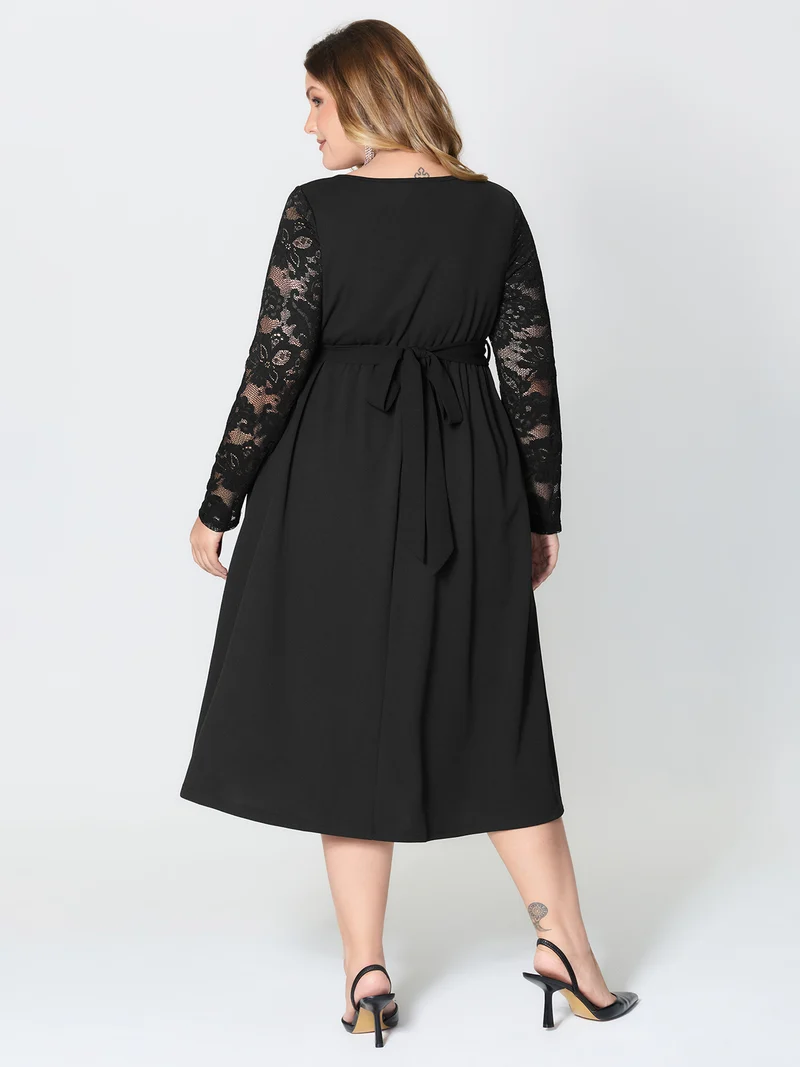 Hotfix Rhinestones Lace Trim Midi Dress