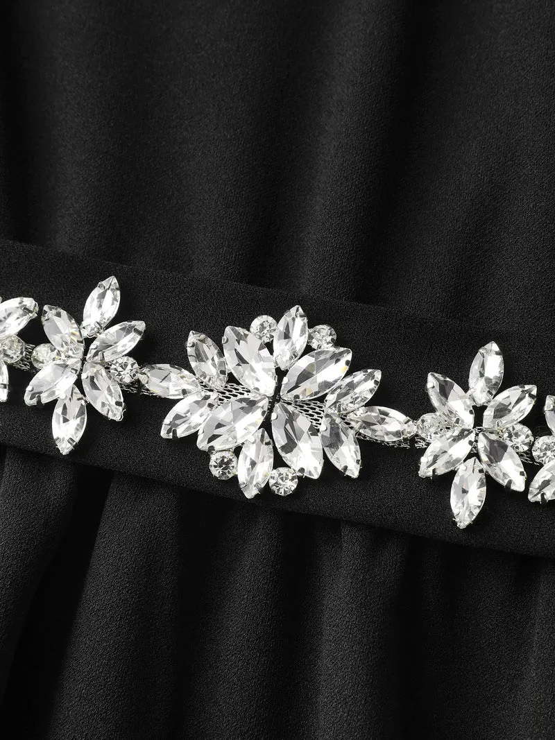 Hotfix Rhinestones Lace Trim Midi Dress