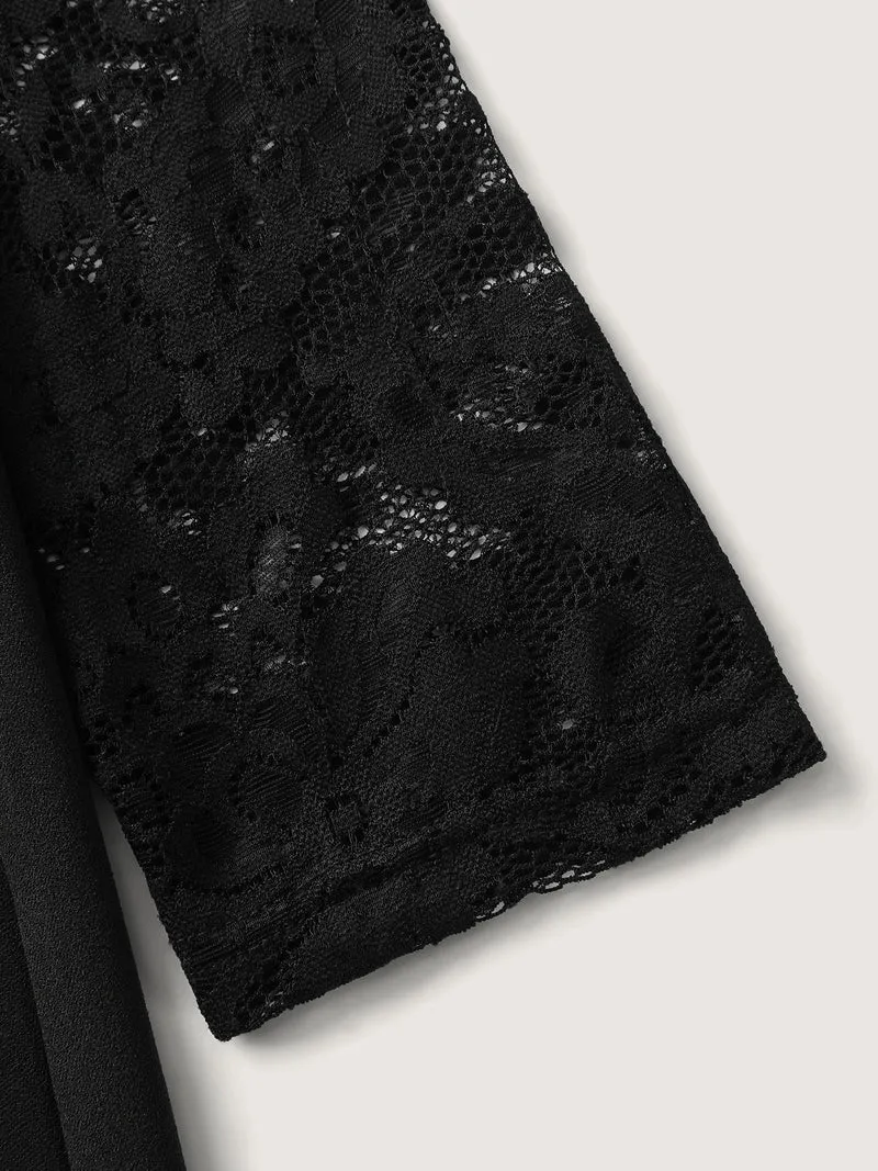 Hotfix Rhinestones Lace Trim Midi Dress
