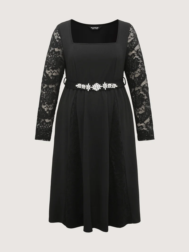 Hotfix Rhinestones Lace Trim Midi Dress