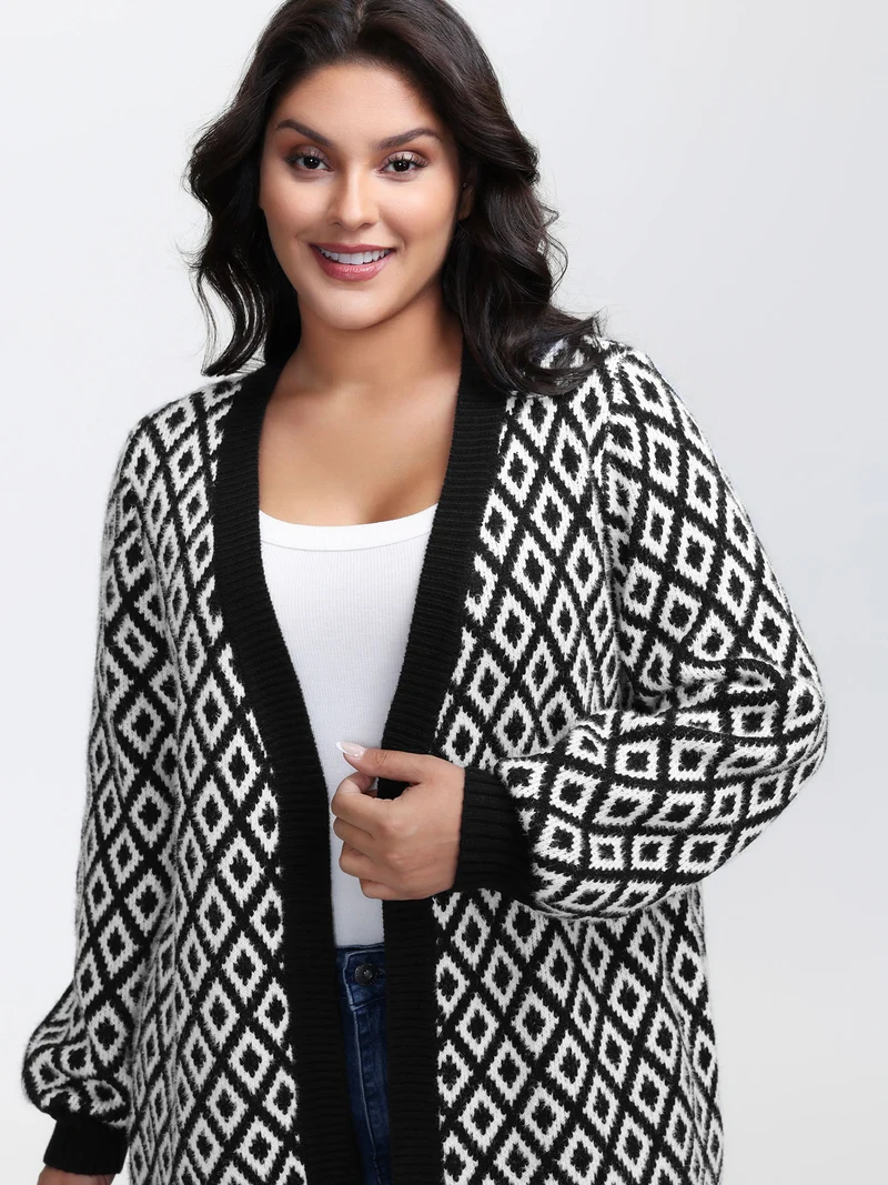 Mink Jacquard Diamond Pattern Knit Cardigan