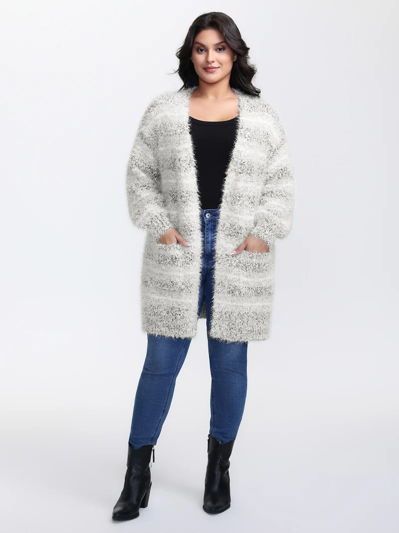 Plush Textured Striped Knit Cardigan