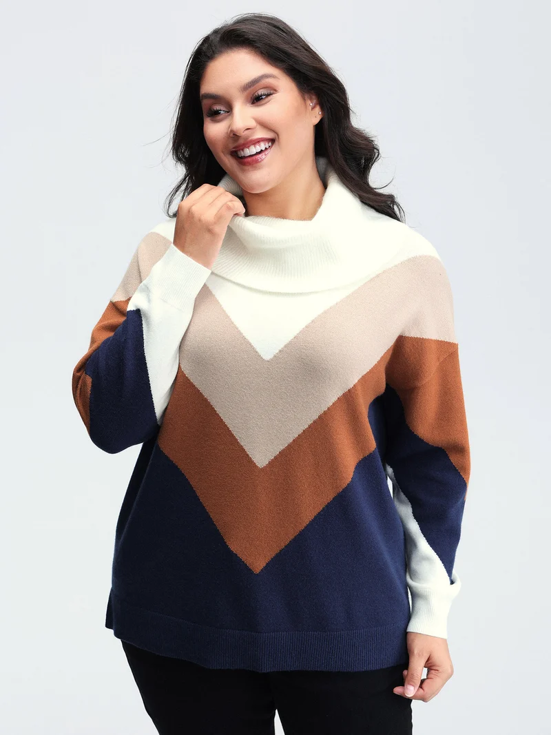 Color Block Cowl Neck Knit Pullover