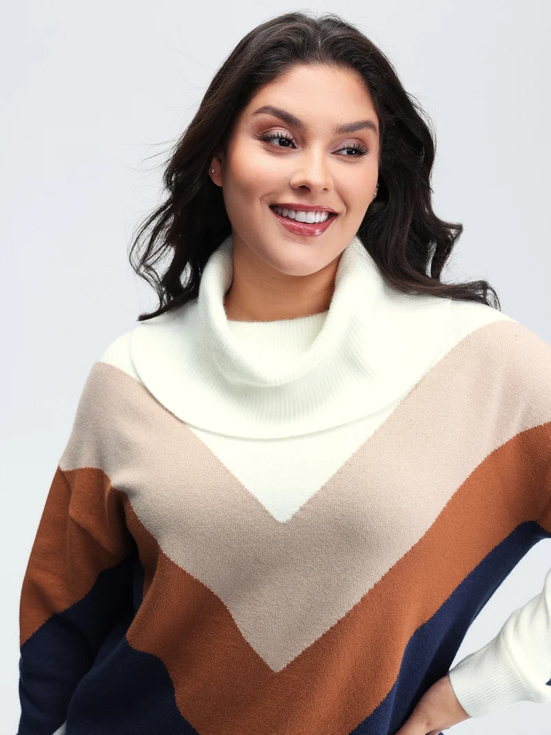 Color Block Cowl Neck Knit Pullover