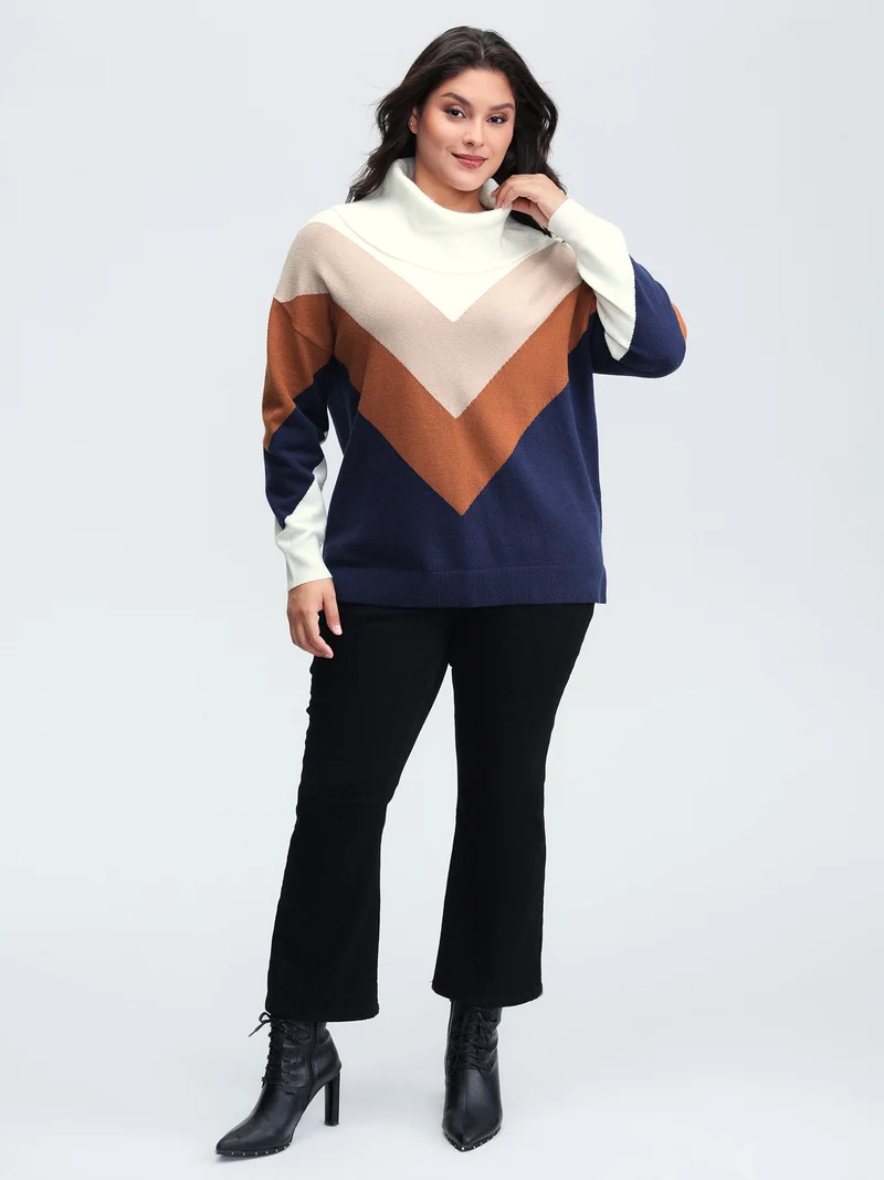 Color Block Cowl Neck Knit Pullover