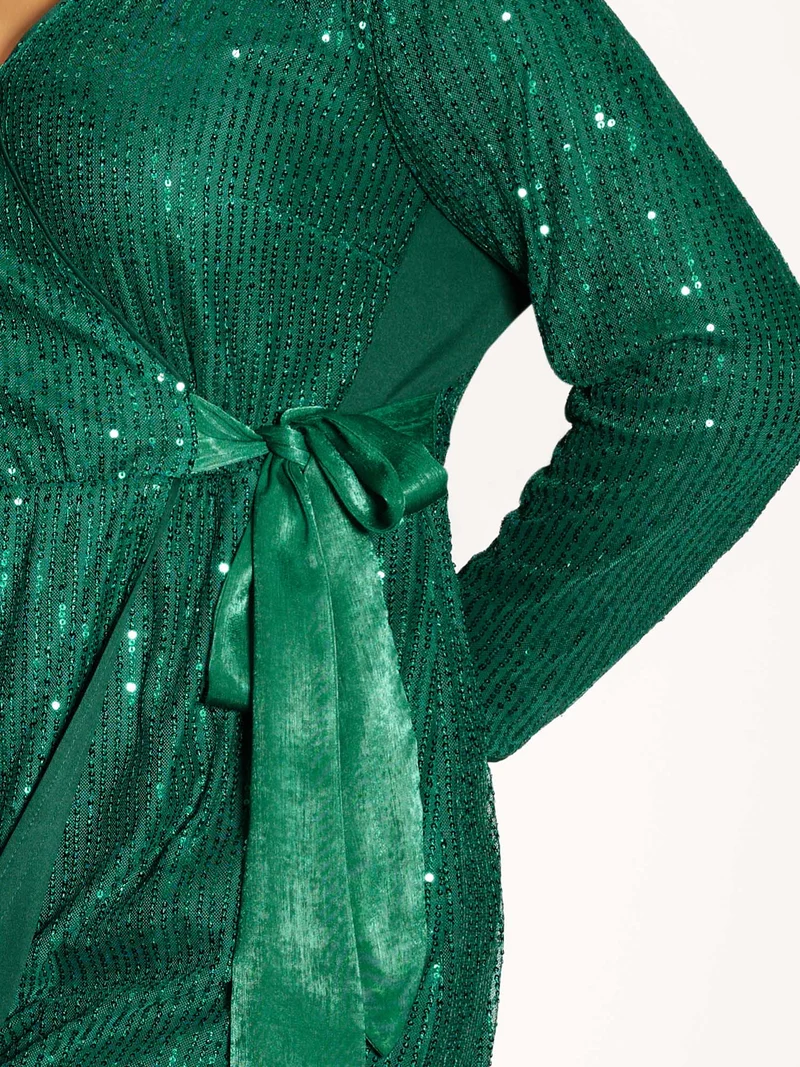 Sequin Wrap Neck Spliced Midi Dress