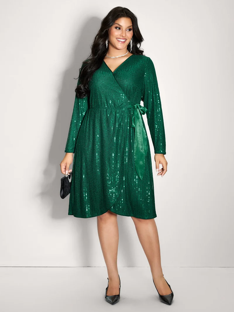 Sequin Wrap Neck Spliced Midi Dress