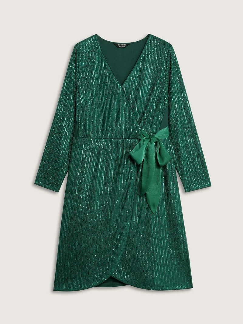 Sequin Wrap Neck Spliced Midi Dress