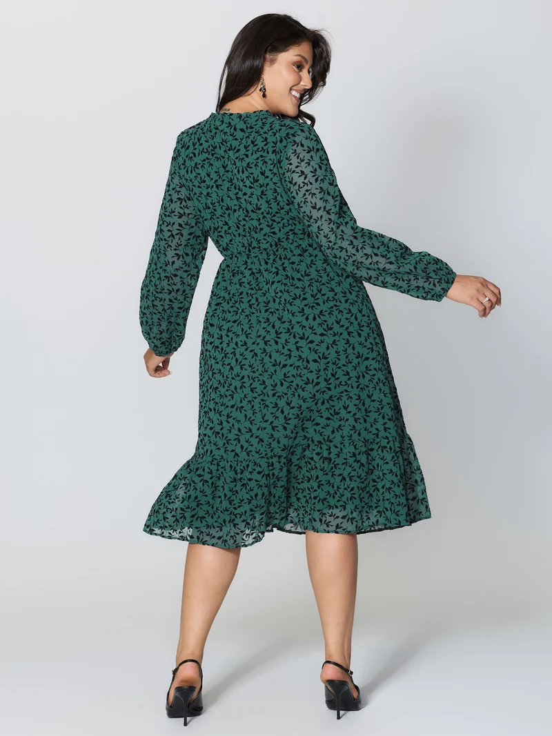 Flocked Floral Shirred Ruffled Neck Midi Dress
