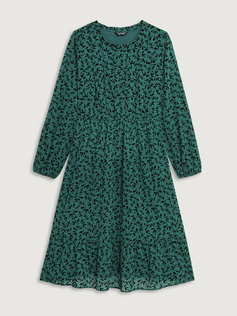 Flocked Floral Shirred Ruffled Neck Midi Dress