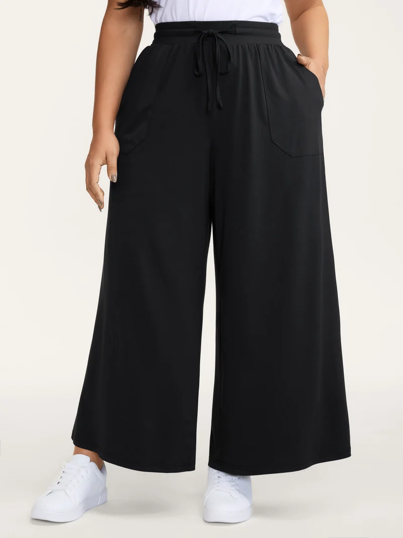Wide Waistband Drawstring Flared Pants