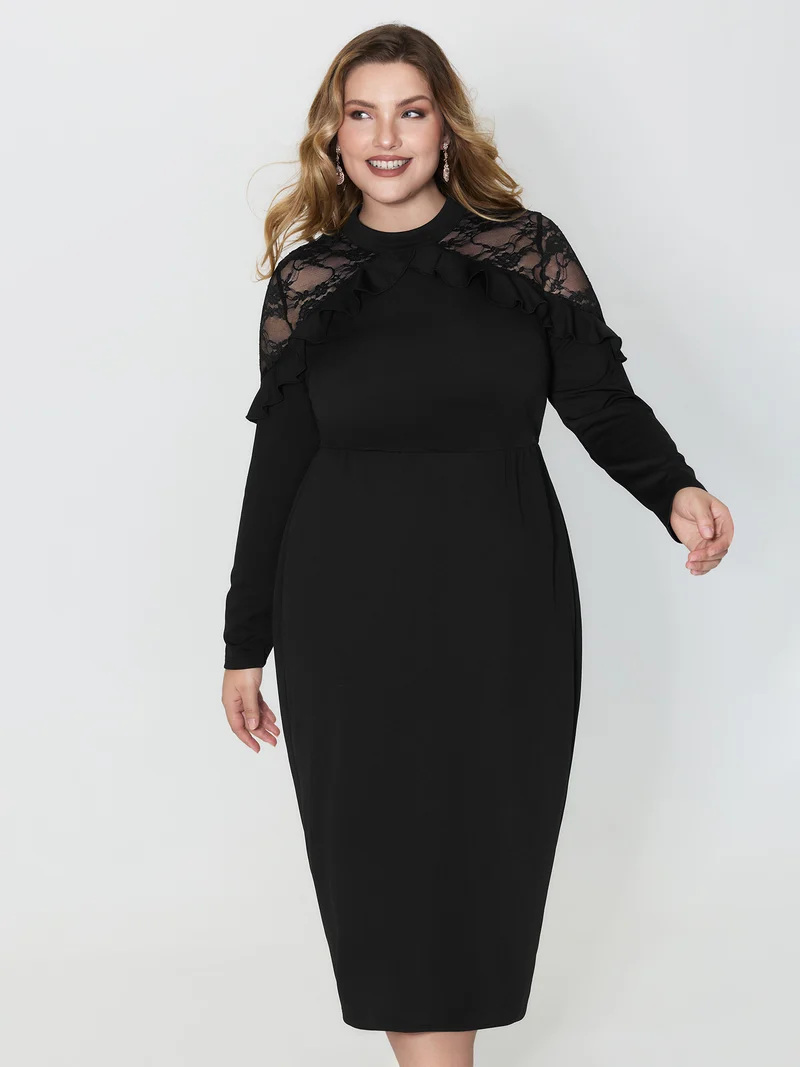 Lace Trim Ruffled Sheer Stretchy Party Dress