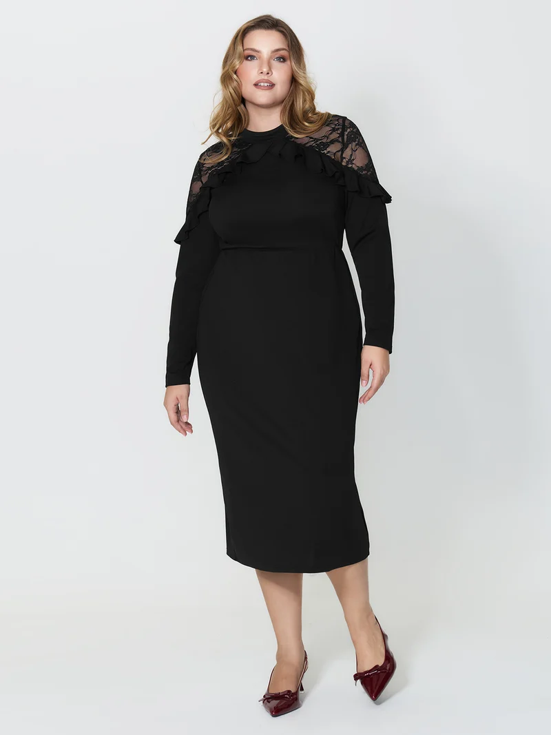 Lace Trim Ruffled Sheer Stretchy Party Dress