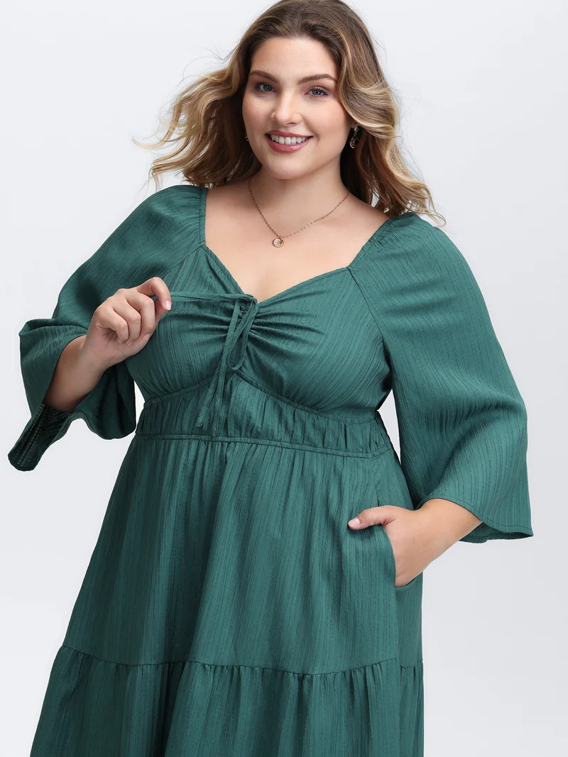 Textured Chest Drawstring Three Quarter Sleeve Midi Dress