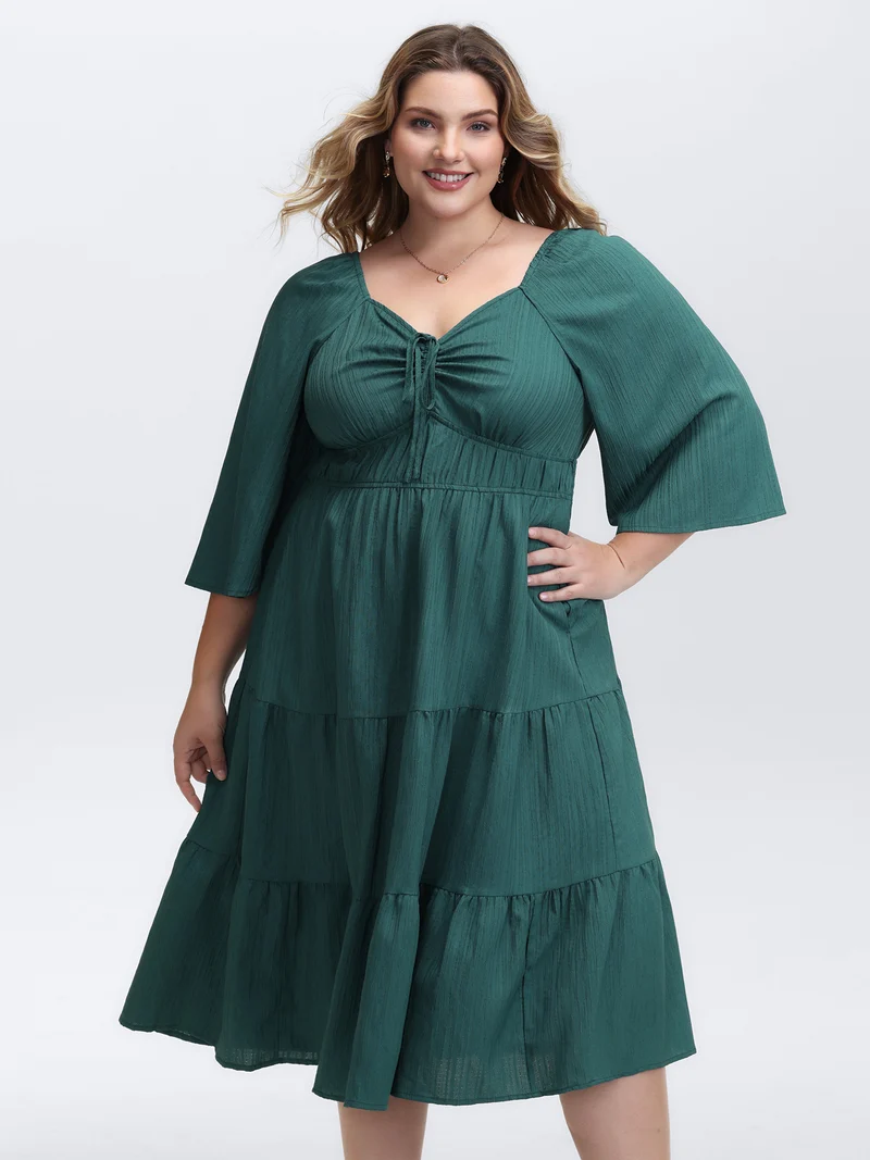 Textured Chest Drawstring Three Quarter Sleeve Midi Dress