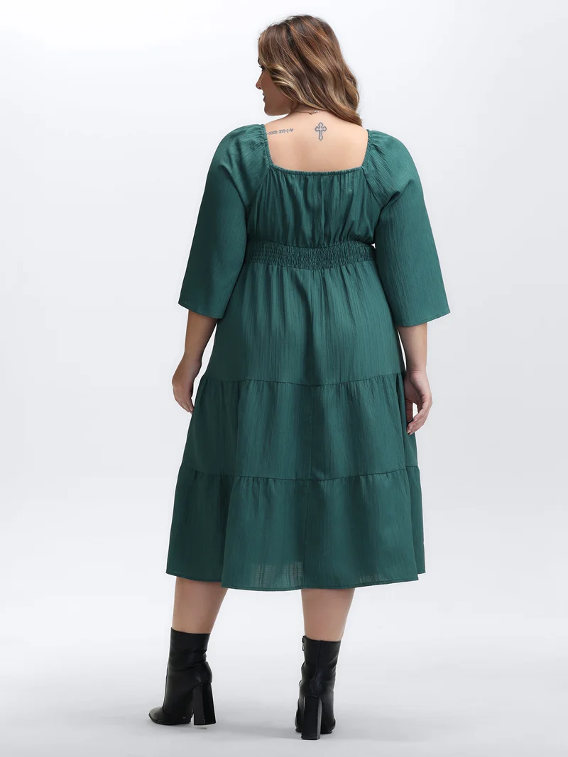 Textured Chest Drawstring Three Quarter Sleeve Midi Dress