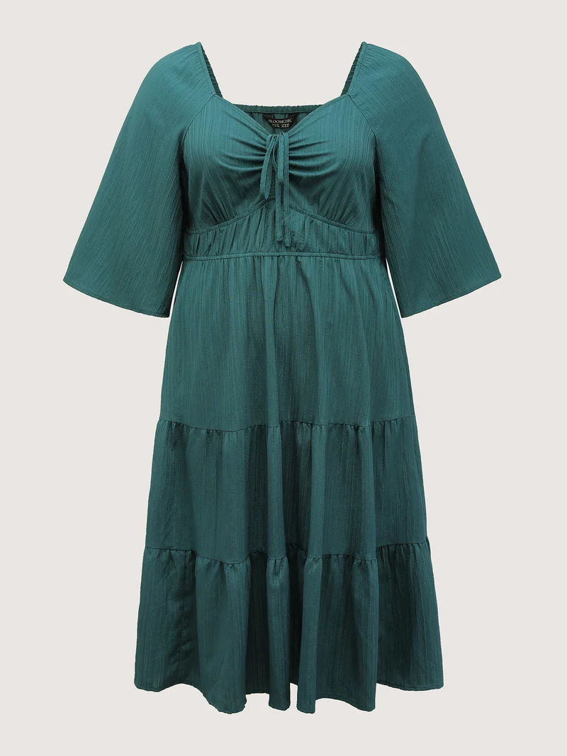 Textured Chest Drawstring Three Quarter Sleeve Midi Dress