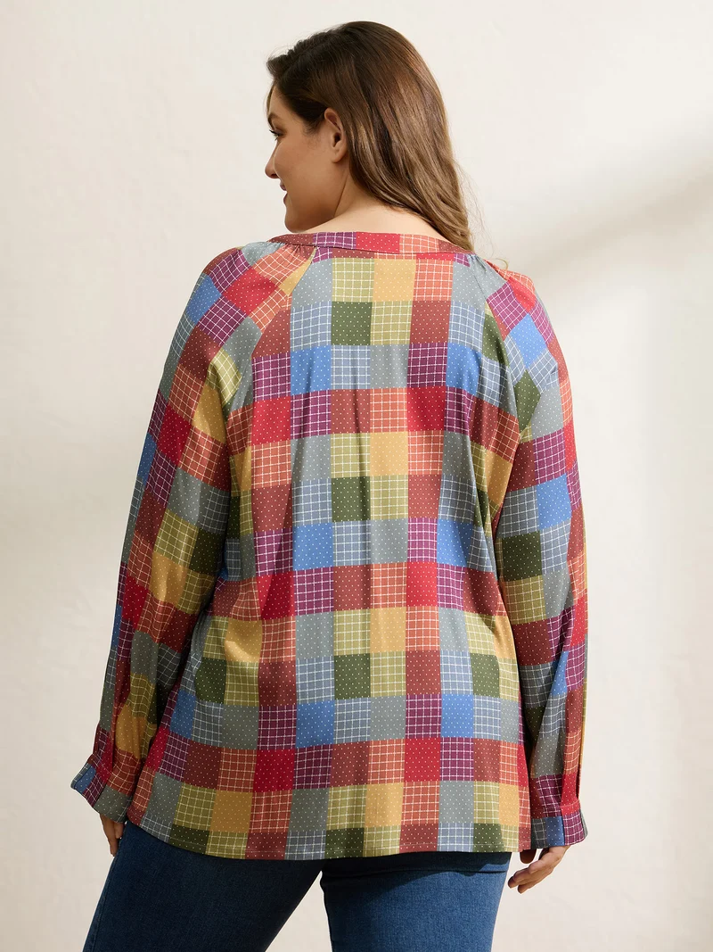 Colorful Check Print Button Relaxed-Fit Blouse