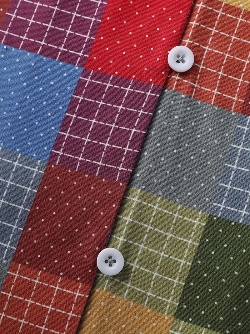 Colorful Check Print Button Relaxed-Fit Blouse