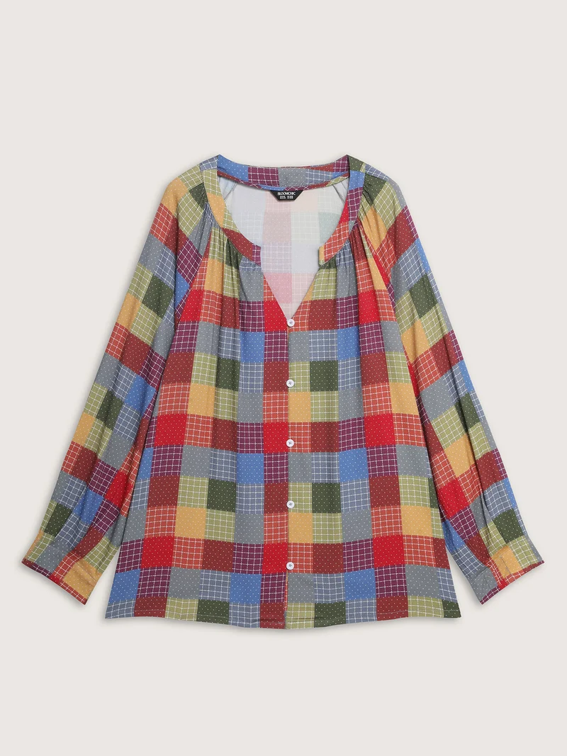 Colorful Check Print Button Relaxed-Fit Blouse