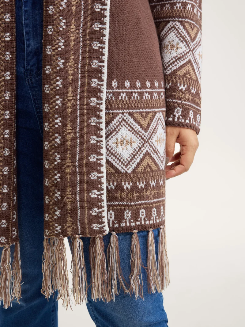 Boho Jacquard Folded Collar Tassels Cardigan
