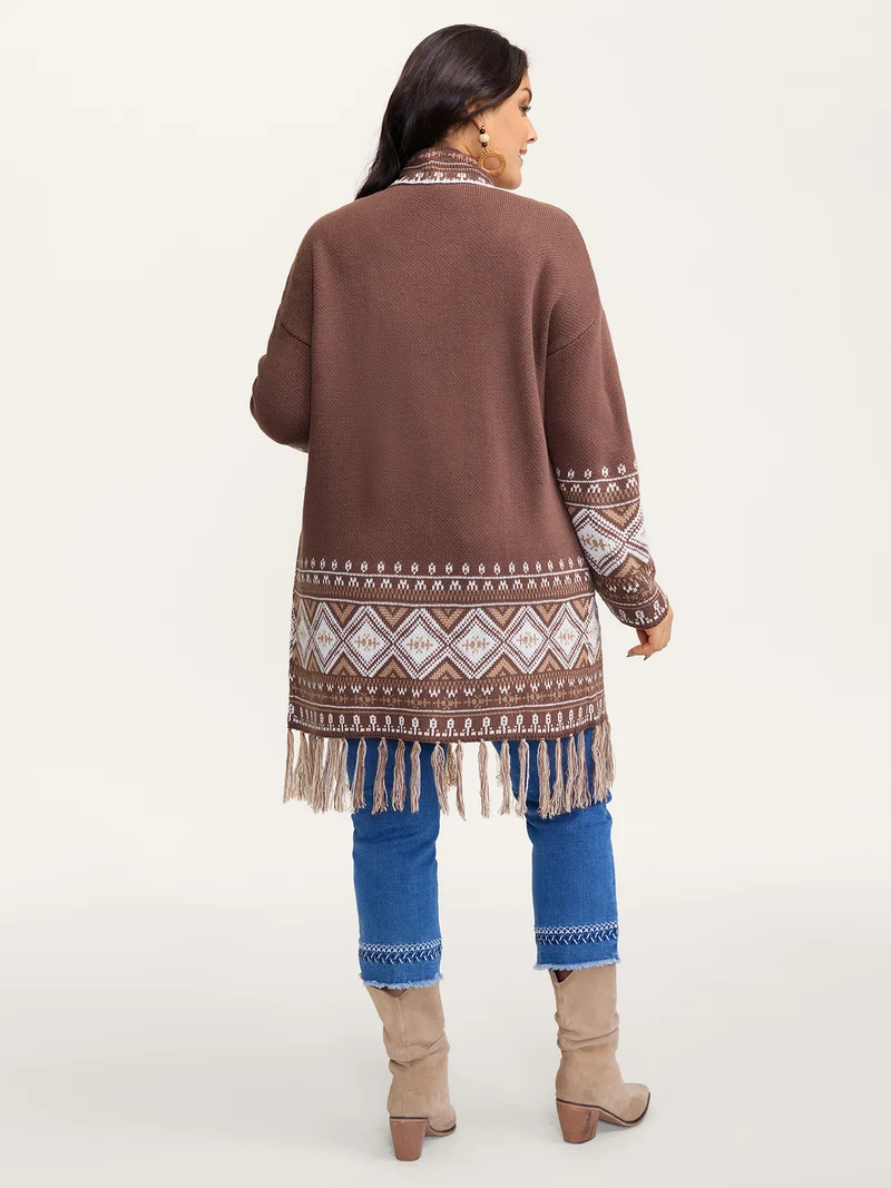 Boho Jacquard Folded Collar Tassels Cardigan