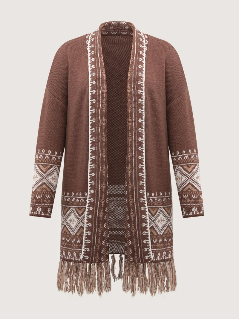 Boho Jacquard Folded Collar Tassels Cardigan