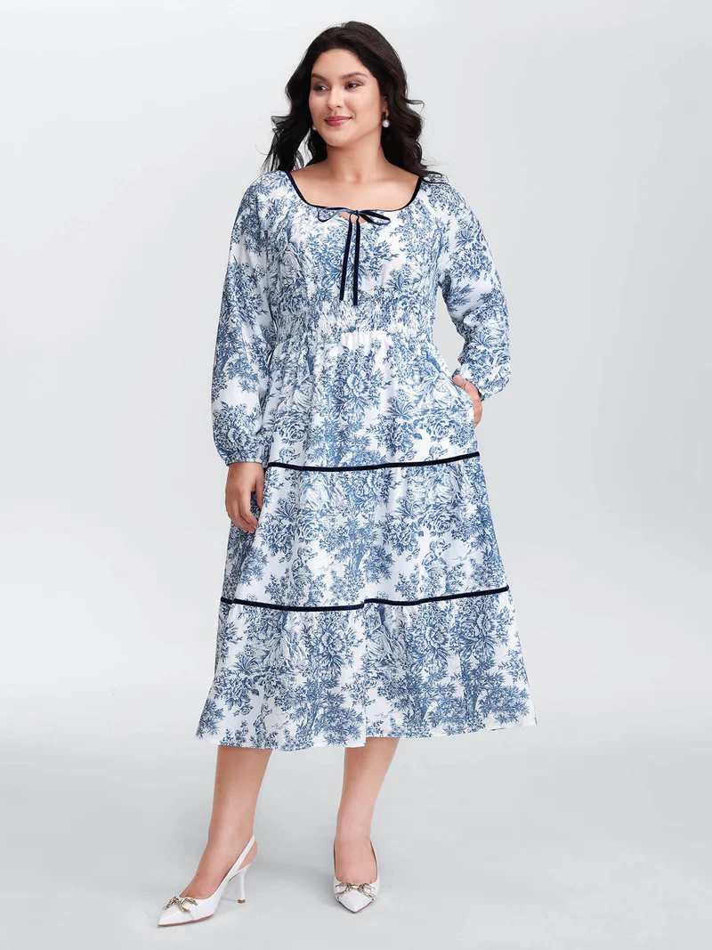 Toile de Jouy Neck-Tie Midi Dress