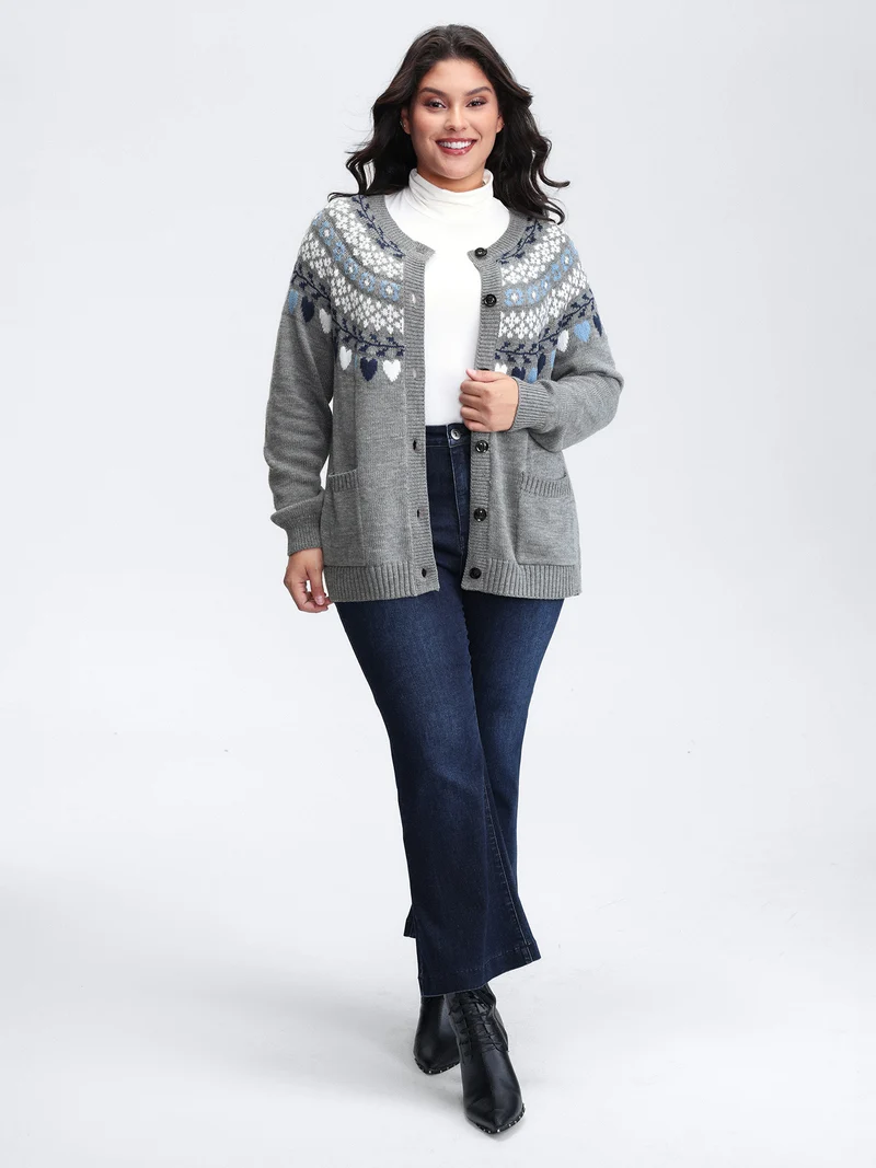 Fair Isle Patch Pockets Knit Cardigan