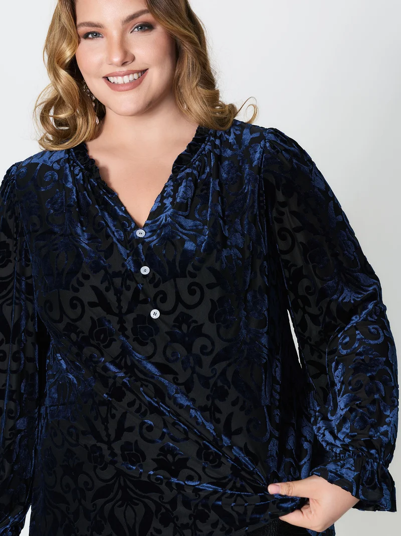 Flocked Semi-Stretch Button Blouse