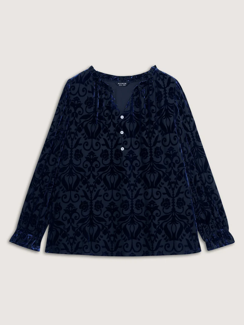 Flocked Semi-Stretch Button Blouse