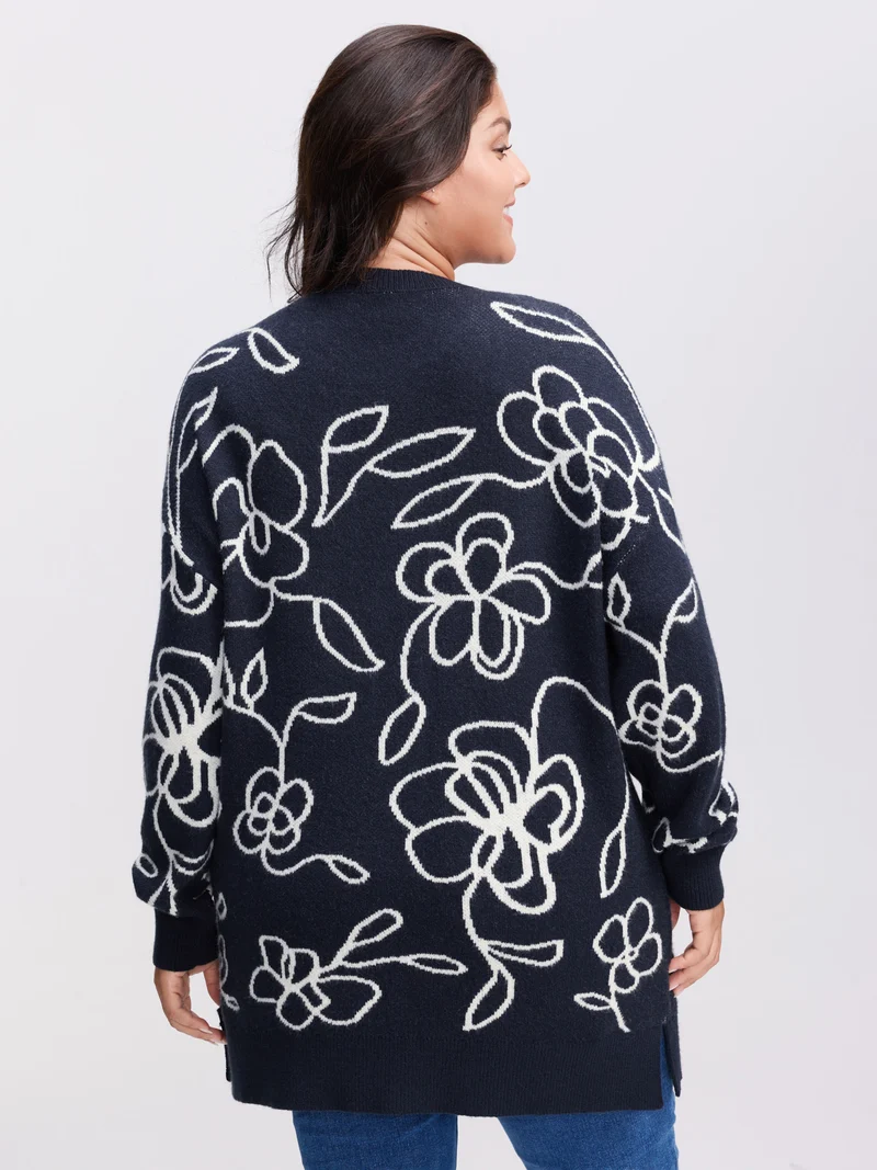 Supersoft Round Neck Floral Split Hem Pullover
