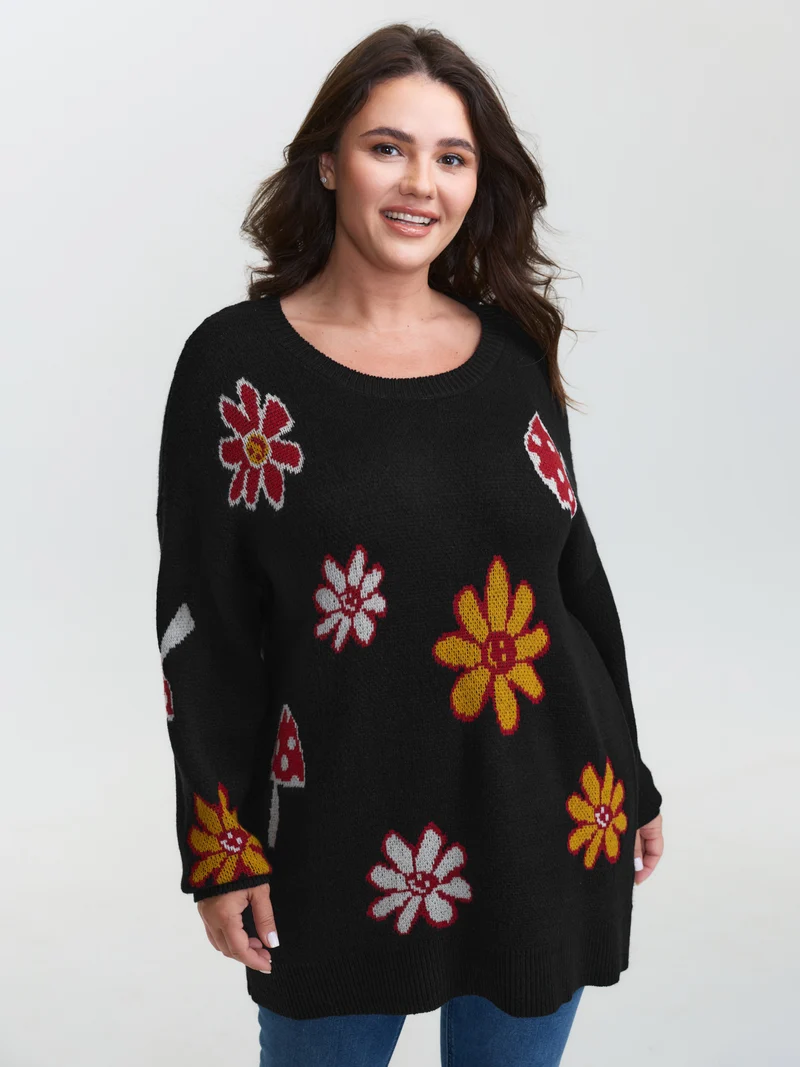 Floral Mushroom Print Jacquard Pullover