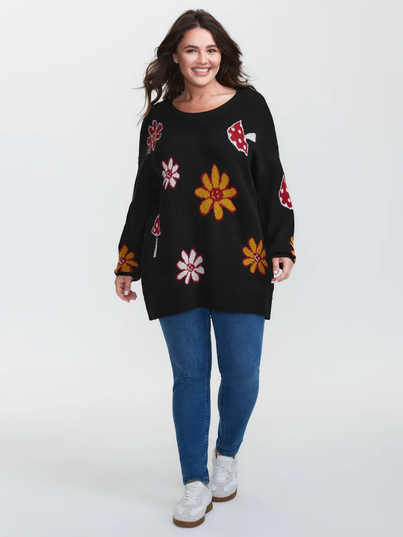 Floral Mushroom Print Jacquard Pullover