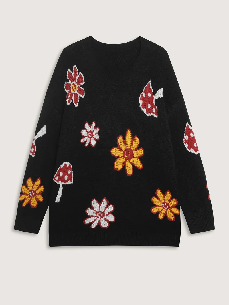 Floral Mushroom Print Jacquard Pullover