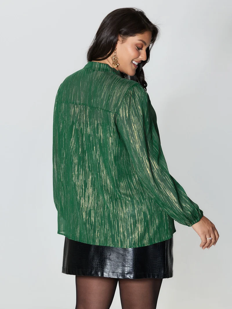 Gold Stamp Sheer Collar-Tie Blouse