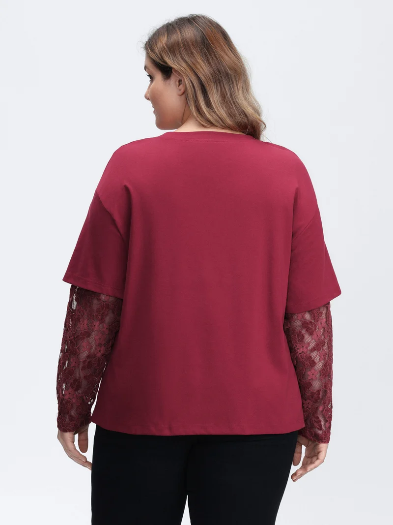 2-In-1 Layered Sheer Lace Sleeve T-Shirt
