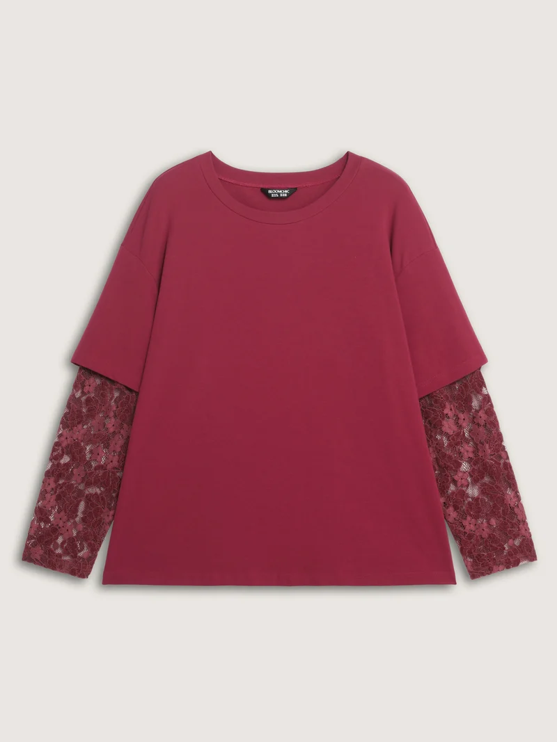 2-In-1 Layered Sheer Lace Sleeve T-Shirt